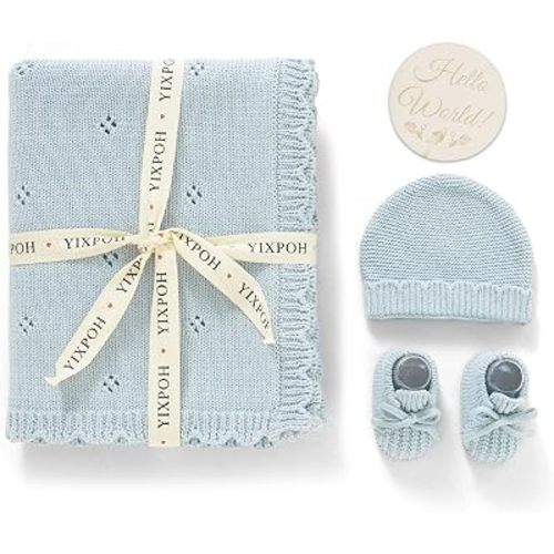 Organic Cotton Baby Blanket Knit Beanie Hat Booties Set