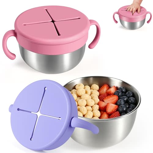 Snack Cups, 2 Pack Stainless Steel Toddler Snack Containers, Spill-Proof Snack Bowls, Silicone Removable Lids & Handles, Food Storage Containers, Dishwasher Safe Snack Container, Baby Shower Gifts