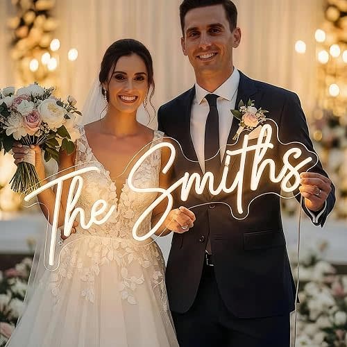 CIONAOR Custom Neon Sign - Personalized LED Name Sign for 2026 Modern Organic Wedding Backdrop, Surname Last Name Sign for Reception & Ceremony, Dimmable Light Up Sign for Marry Me Proposal, Engagement Party Decor