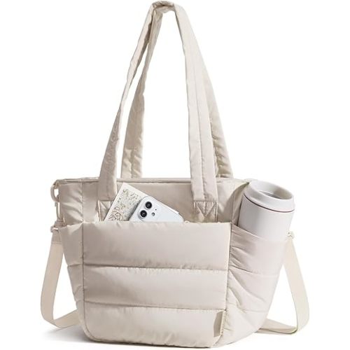 BAGSMART Lunch Bag Women Small Insulated Tote with Lunch Compartment Quilted Lightweight Puffy Tote Bag for Work, Travel, Outdoor, Beige