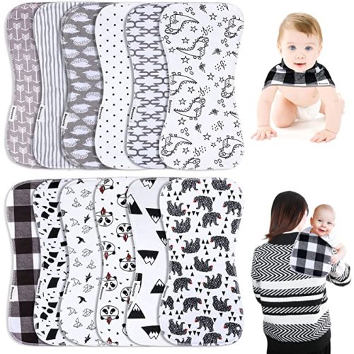 Baby Burp Cloths & Baby Bibs 2-in-1 Design Large Size 3 Layers Thicken 100% Cotton Super Absorbent and Soft Baby Spit Up Burping Rags Baby Burp Cloth Set for Boys and Girls 12 Pack
