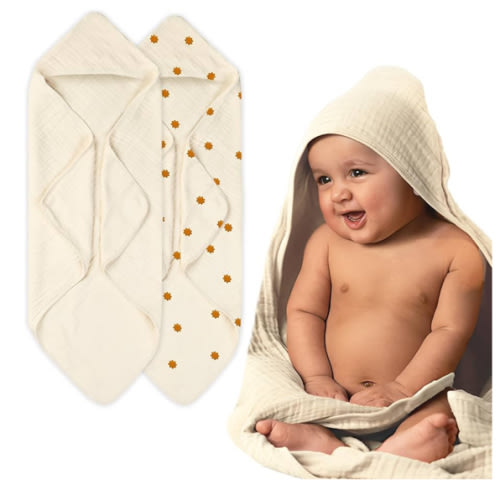 Hands-Free Hooded Towel - 100% Organic Premium Muslin Cotton, 30" x 30", Ultra-Absorbent, Soft, Breathable, Hypoallergenic, Multipurpose, Gifts for Babies & Infants, Pack of 2