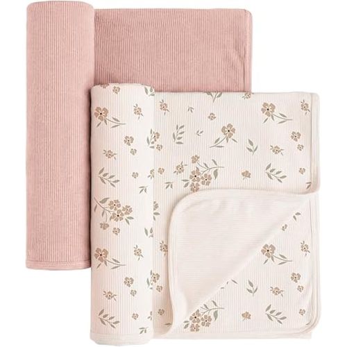 Konssy Knit Baby Blanket 2 Pack, Soft Ribbed Swaddle Receiving Blankets for Boys & Girls, Lightweight Cozy Swaddling Wrap for Newborns, Infants, & Toddlers, 33x42 Inch (Blossom,Pink)