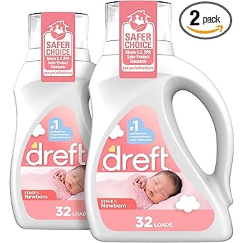Dreft Newborn Baby Liquid Laundry Detergent, Gentle on Sensitive Skin, HE Compatible, 2 pack, 32 loads each