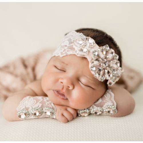 Newborn Baby Girl Pink Lace Rhinestone Headband Infant Headband Photo Prop Lace with available  Pink Rhinestone Newborn Cuffs