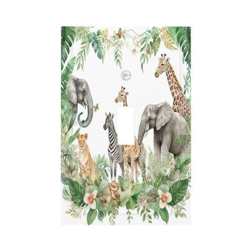 Tropical Leves Safari Animals Giraffe Elephant Zoo Decorative Light Switch Cover 1 Gang Single Toggle Device Electrical Faceplate Switchplates Decorator Outlet Wall Plate for Kids Room Nursery Decor