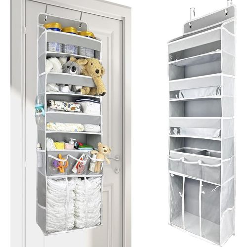 Door Hanging Storage Organizer,with 3 Bins 1 Movable Baby Diaper Caddy,1 Large capacity diaper stacking storage Organizer,10 Side Pockets ,Bedroom Door Storage for Nursery Baby Essentials.Grey 1 Pack.
