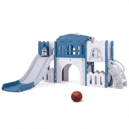 Costway All in 1 Toddle Slide Playset Freestanding Kids Slide with Tunnel, Basketball Hoop Blue and White