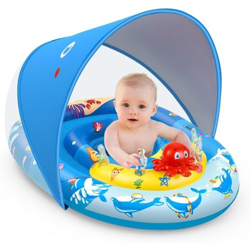 EZIGO Baby Pool Float with Canopy UPF50+ Sun Protection, Infant Swim Floats