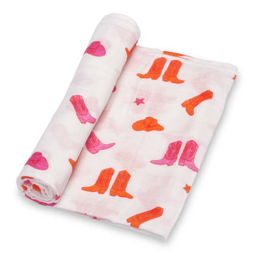 LollyBanks Swaddle Blanket 100% Muslin Cotton, 47 x 47 inches Soft Breathable Muslin Baby Swaddles for Girls, Baby Essentials, Registry and Gift (PinkBoot Print)