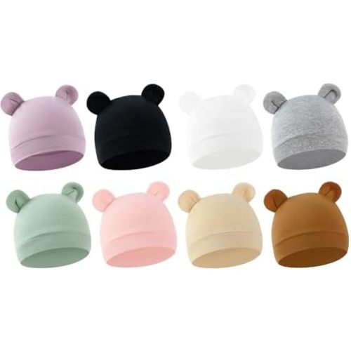 8 Pack Baby Newborn Hats Bear Ears Baby Infant Preemie Beanie Hats Soft Cap for Infant Baby Girls Boys, 0-3 Months