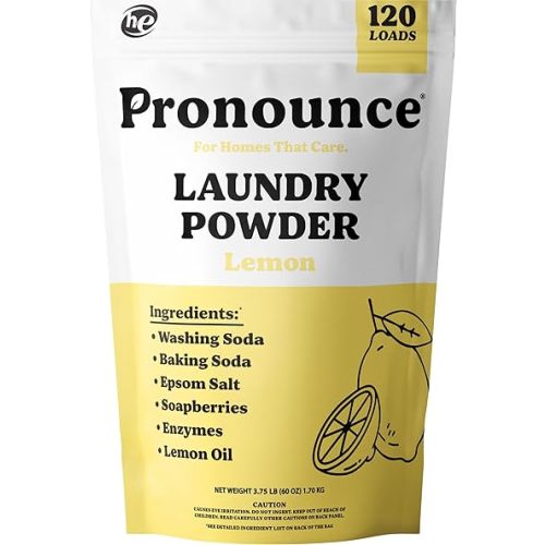 Pronounce Laundry Detergent Powder Alternative | Earth-Derived Ingredients, Eco-Friendly, Safer for Sensitive Skin, Eczema, and Babies. Stain + Smell Fighting. HE Safe (Lemon, 120 Loads).