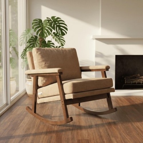 Mid Century Modern Rocking Chair, Soft Accent Chair with Wood Frame, Reading Armchair for Living Room Bedroom Sunroom, Nursery, Light Camel