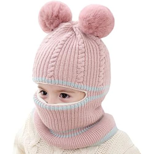 Toddler Winter Hat Baby Balaclava 2 in 1,Fleece Lined Knitted Beanie with Face Mask, Ear Flaps & Pom Pom for Boys Girls