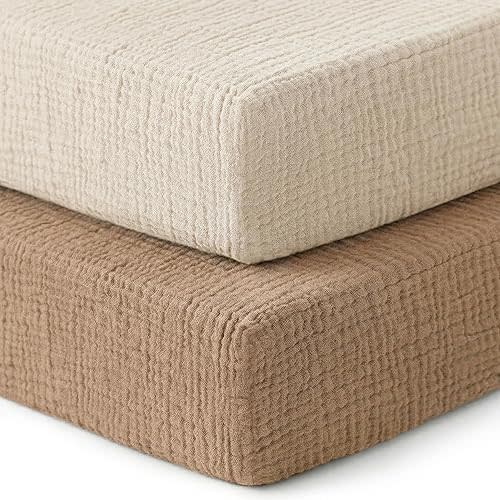 Pro Goleem Muslin Pack n Play Sheets for Boys and Girls, Soft Breathable Cotton Fitted Mini Crib Sheets, Neutral Baby Sheets for Playard Mattress, 2 Pack (Brown＆Beige)