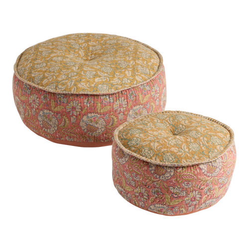 Suti Warm Floral Kantha Stitch Mixed Block Print Pouf