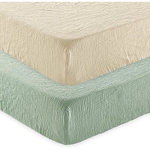 david's kids Muslin Crib Sheets for Boys Girls, 2 Pack 100% Cotton Soft Breathable Fitted Baby Sheet Set, 28x52 Inch Fits Standard Crib and Toddler Mattresses, Oat Milk & Sage Green