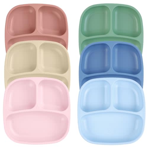 Re-Play Toddler Plates with Dividers - Deep-Walled 3 Compartments Divided Plates for Kids - Dishwasher & Microwave Safe - Made in USA - Set of 6-7.37" x 7.37" x 1.25" - Meadow