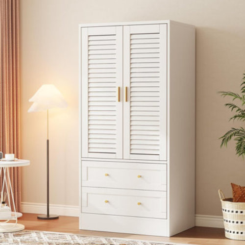 Ebern Designs Wardrobe Armoire Closet with 2 Shutter Doors, Hanging Rods and 2 Drawers | Wayfair