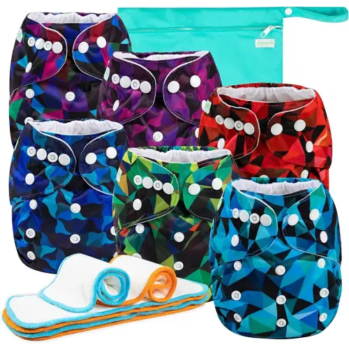 Wegreeco Cloth Diapers 6 Pack with Inserts & Wet Bag, Washable Reusable Diapers for Babies, One Size Adjustable (Abstract Geometrical)