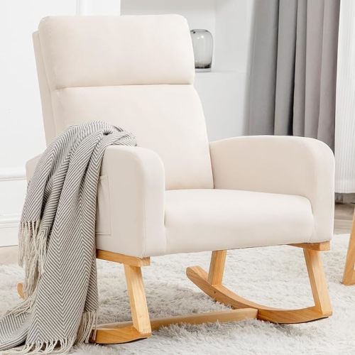 Rocking Chair Nursery - Glider Modern Accent Chairs Upholstered Nursing Rocker Padded Armchair for Indoor Living Room Bedroom Beige
