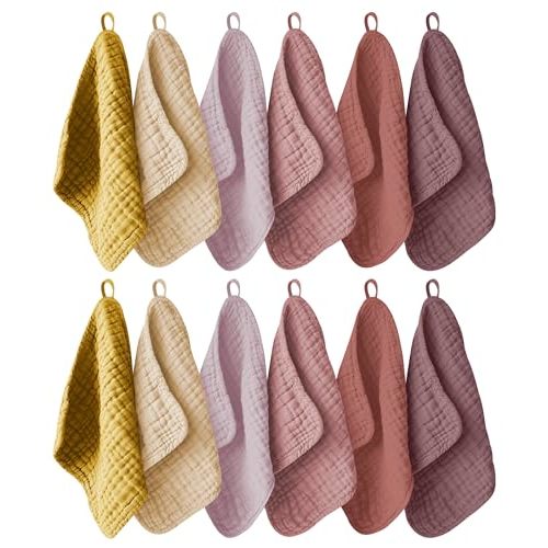 Ease Cubs 12 Pack Muslin Washcloths for Baby - 100% Cotton Baby Wash Cloths for or Baby Face Body Comfy and Soft for Newborn Infants Kids Girls and Boys - 12"x12" - Brown, Honey and Bean Paste Series