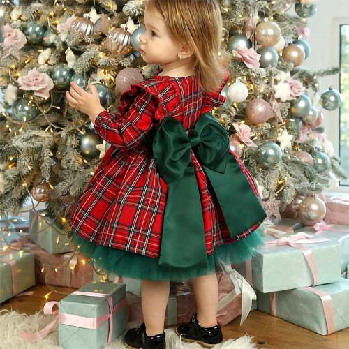 Odeerbi Infant Girls Christmas Plaid Tulle Dress Fall Winter Long Sleeve Dress Christmas Big Bow Mesh Princess Dress Infant Clothes Red