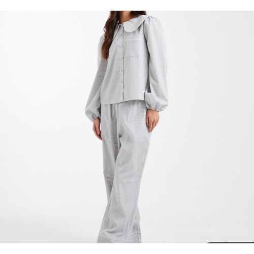 Threadbare seersucker gingham print pajamas with peter pan collar in blue