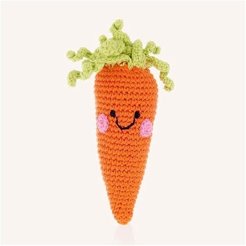 Pebble Handmade Crochet Cotton Carrot Rattle, Fair Trade, 5.5-inches, Machine Washable, Orange