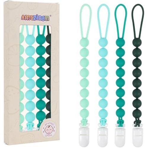 4 Pcs Green Baby Silicone Teething Pacifier Clip,One-piece Design,Round Shape,Smooth Surface,BPA Free.