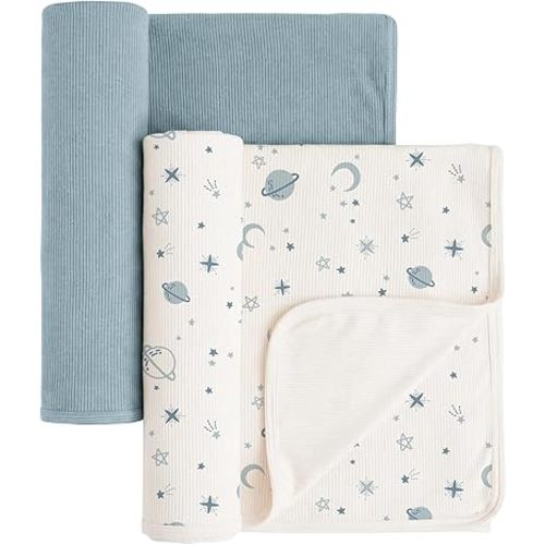 Konssy Knit Baby Blanket 2 Pack, Soft Ribbed Swaddle Receiving Blankets for Boys & Girls, Lightweight Cozy Swaddling Wrap for Newborns, Infants, & Toddlers, 33x42 Inch (Star,Blue)