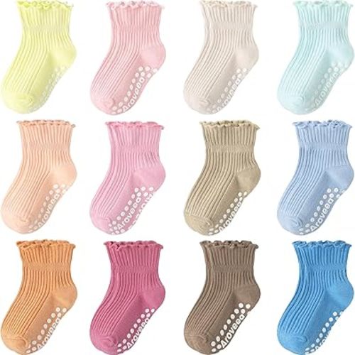 Baby Toddler Girls Socks Grip Ruffle Non Slip Girls Cotton 12 Pack Socks for Kids Cute Ankle 6M-7Years