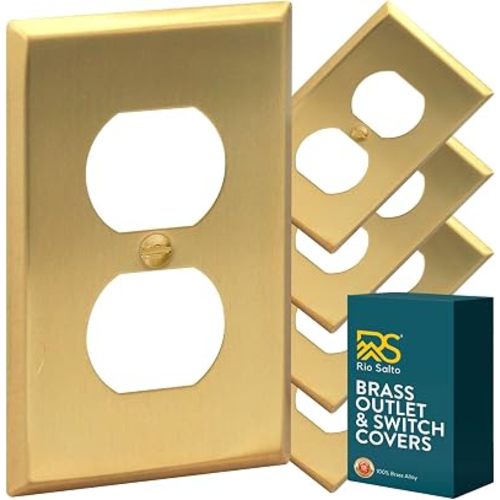 Rio Salto BRASS Outlet Covers Duplex Receptacle Wall Plate Electrical Outlet Cover 5 Pack 1 Gang Brushed Brass Gold Metal Decorative Wall Plates — Signature Collection, Standard Size, 4.50" X 2.75"