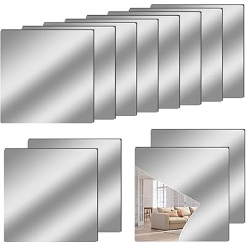 12" x 12" Acrylic Flexible Mirror Sheets, 12 Pack Self-Adhesive Mirror Tiles, Square Cuttable Wall Stickers, Non-Glass, Safety Reflective for DIY Craft Home Wall Decor