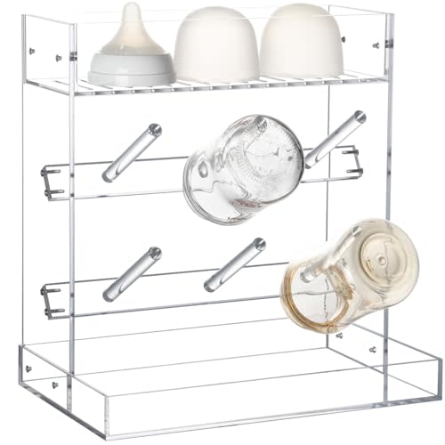 Nelspen Acrylic Clear Baby Bottle Drying Rack with 2 Tiers – Space-Saving Vertical Baby Bottle Holder Organizer – Countertop Bottle Dryer Stand for Pacifiers, Pump Parts, Sippy Cups