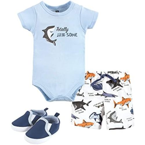Hudson Baby Unisex Baby Cotton Bodysuit, Shorts and Shoe Set