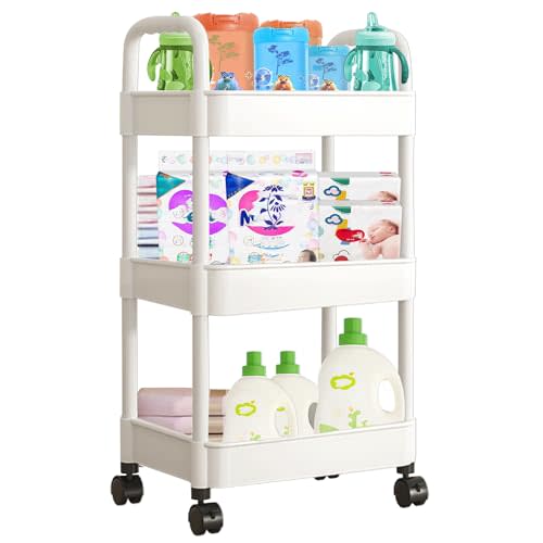 Baby Diaper Cart with Wheels and Handle 3 Tier Rolling Cart Diaper Organizer, Nursery Caddy Baby Organizer for Storage Baby Clothes, Wipes, Bibs, Changing Table Mats, White