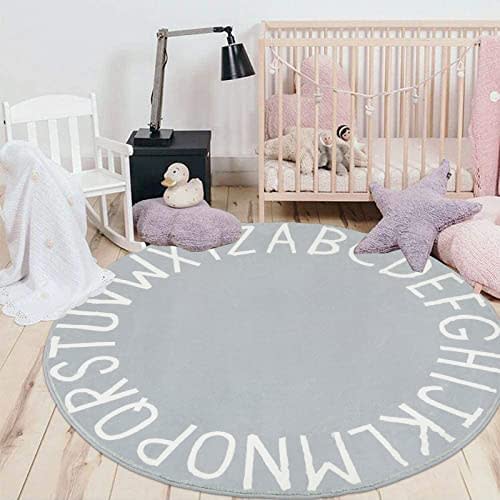 HEBE ABC Alphabet Kids Rug for Nursery Bedroom Playroom 4x4ft Round Educational Baby Play Rug Crawling Mat Large Activity Mat Cute Circle Floor Carpet Non-Slip,Grey