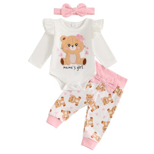 Newborn Infant Baby Girl Outfits Ruffle Bear Long Sleeve Romper Bodysuit Tops Pants Set Cute Fall Winter Clothes