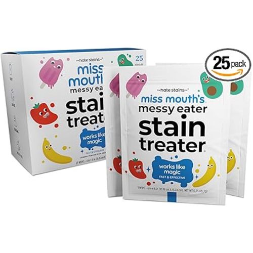 Miss Mouth's Messy Eater Stain Treater Wipes - 25 Pack Stain Remover - Newborn & Baby Essentials - No Dry Cleaning Food, Grease, Coffee Off Laundry, Underwear, Fabric