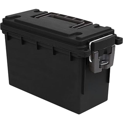 Sheffield 12629 Ammo Storage Box, Stackable .30 Cal Field Boxes, Water and Dust Resistant, Lockable Storage Box with Handle, Secures Hunting Gear, Supplies, and Bullets, Made in USA, Black, 1-Pack