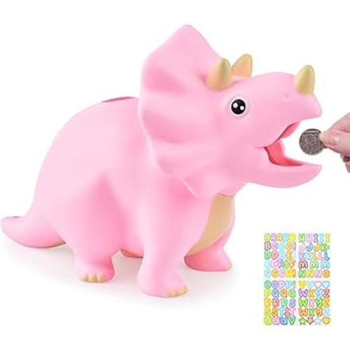 Dinosaur Toys for Kids - Dinosaur Piggy Bank for Girls, Unbreakable Plastic Money Coin Bank, Great Gifts for Birthday, Easter, Christmas (Pink)