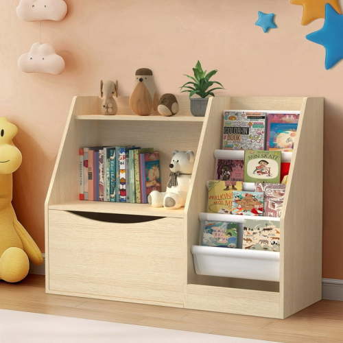 Masiis 3 Tier Kids Bookshelf, Kids Bookcase Toy Storage Cabinet Natural Children Bookshelves with 4 Layer Sling Bookcase for Playroom Kids Room Nursery, Flip-Top Drawers