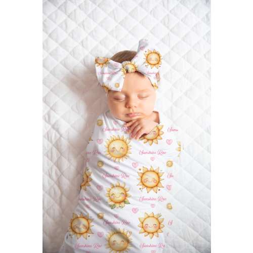 Personalized Baby Girl Swaddle Blanket, Sunshine Custom Blanket, Bow Knot Hat Beanie, Newborn Photo Prop, Baby Shower Gift, Sun Baby Decor
