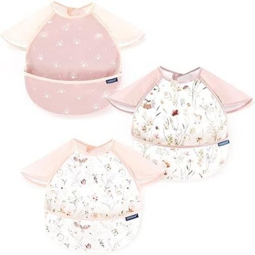 GRSSDER 3-pack Mess Proof Baby Feeding Bibs with Food Catcher Pocket, Soft Lightweight Waterproof Fabric Material with Zero Plastic-like Feel, Adjustable and Easy Clean Toddler Bibs for 6-36 Months