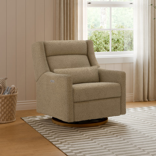babyletto Kiwi Plus Chair and a Half Power Recliner and Swivel Glider - Latte Teddy Loop With Dark Wood Base