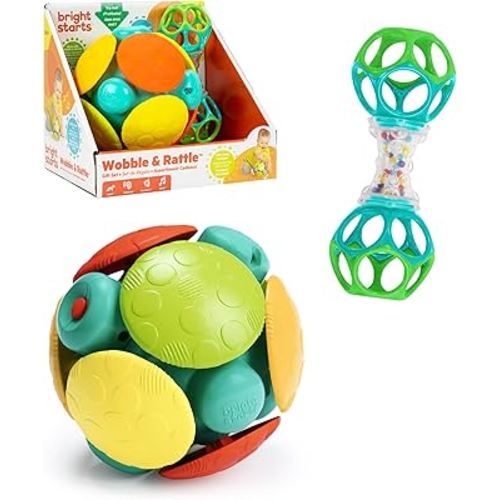 Bright Starts Wobble & Rattle Gift Set​ 2-PK Baby Toys, Rattles & Ball Toys, Crawl & Chase, Cause and Effect Learning, Unisex, 3-6 Months and Up