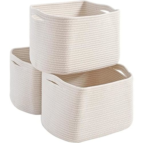 White Storage Baskets for Organizing Shelves, Woven Cotton Rope Basket for Storage, Basket for Toys Clothes Books Shoes, Organization Baskets, 14.8"×11"×9.5", Pack of 3, Off White