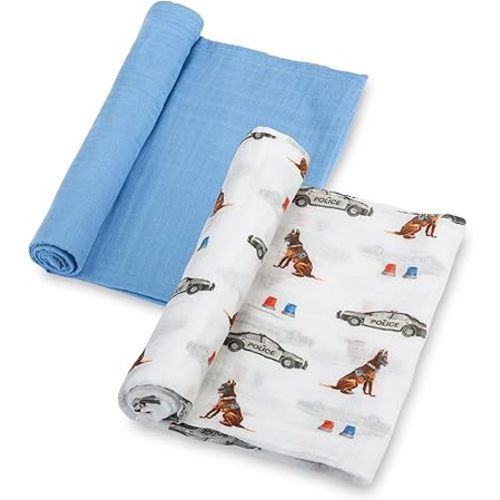 LollyBanks Muslin Swaddle Blankets 2 Pack, 100% Cotton Baby Blanket for Boys, Soft and Lightweight 47 x 47 Inches Newborn Swaddles, Gentle Infant Blankets, Baby Essentials (Police Dog and Blue)