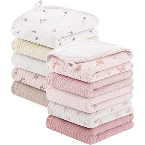 Bearmoss 10 Pack Muslin Burp Cloths, 20"×10" Absorbent Baby Burping Cloths